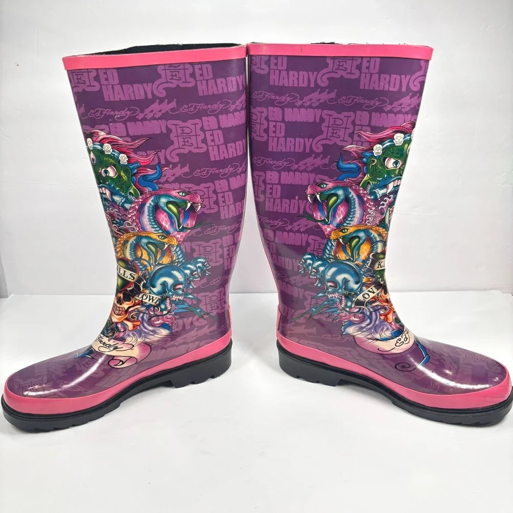 VTG Y2K Ed Hardy Women 6 Rain Boots Purple Pink Tattoo Print Love Kills slowly